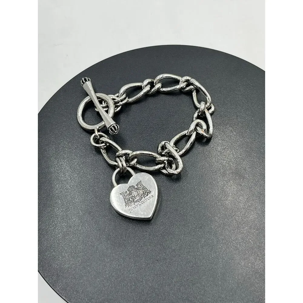 Juicy Couture Vintage Silver Tone Chunky Toggle Heart Charm Starter Bracelet‎